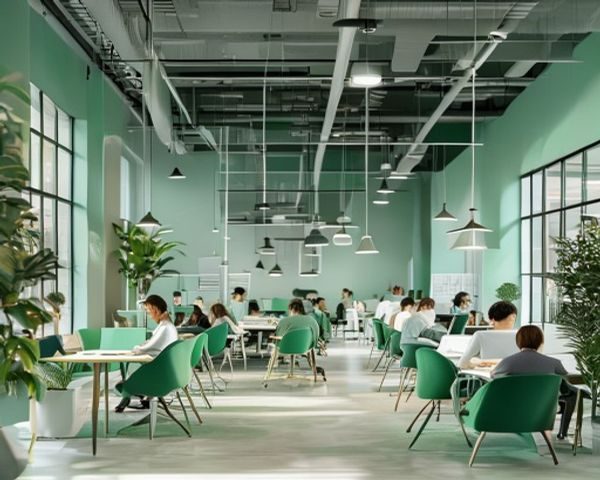 人妻猎人品牌办公环境全景，宽敞明亮的开放式工作区内团队成员专注工作，薄荷青色调装饰营造出清新专业的企业氛围
