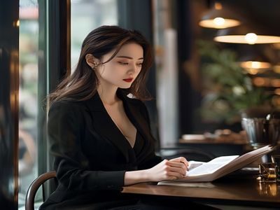 优雅成熟都市女性坐在咖啡厅窗边翻阅文件，神情淡然却眼神深邃，体现人妻猎人女主顾晚晴的复杂魅力
