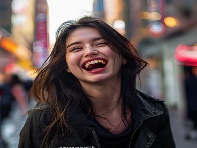 年轻活力女性在都市街头大笑，明亮眼神背后藏着秘密，呼应人妻猎人配角苏染的双面性格设定