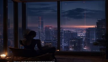 现代都市高端公寓内精致女性独坐窗前凝视夜景，神情复杂，呼应人妻猎人婚姻困境主题
