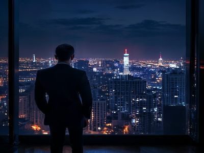 都市精英男性站在落地窗前俯瞰城市夜景，西装笔挺神情冷峻，呼应人妻猎人主角林铮的猎手气质